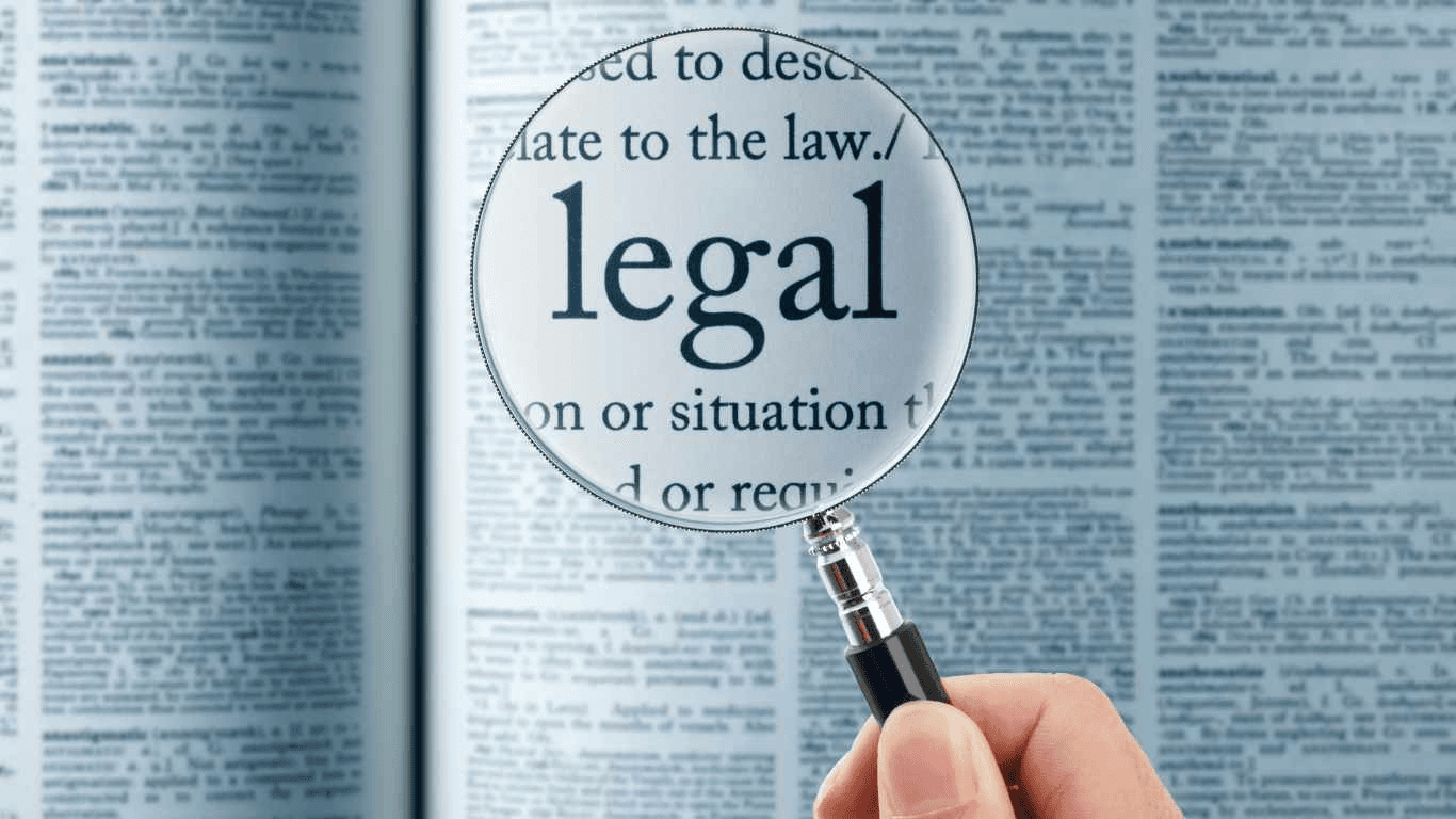 A magnifying glass highlighting the word legal in a reference book